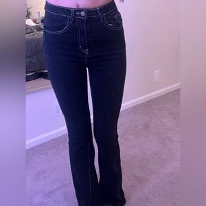 flower pocket black flare jeans